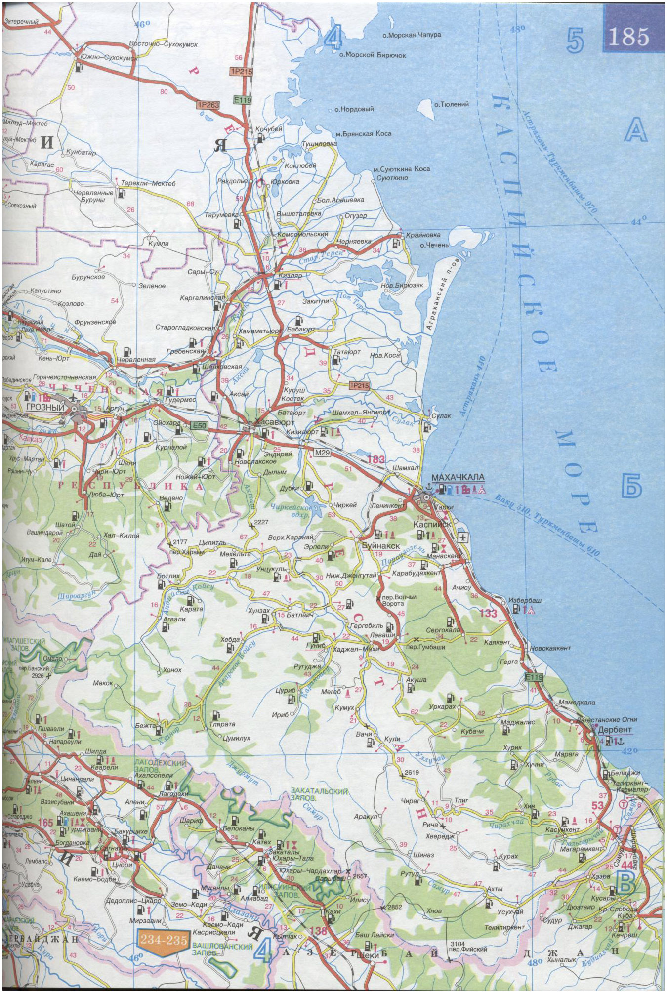 Карта автодорог Дагестана. Карта Республики Дагестан масштаба 1см = 15км