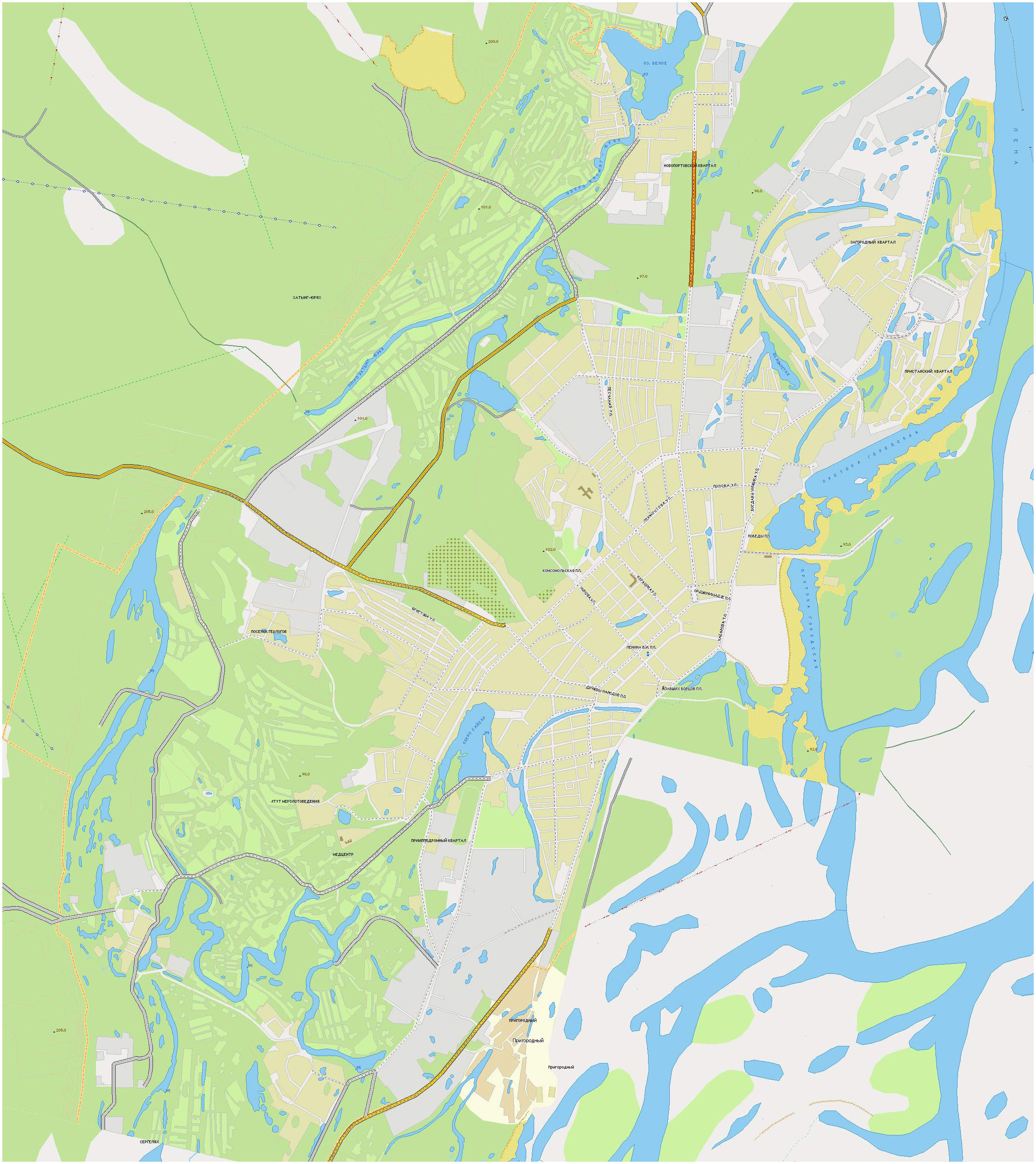 Карта города Якутск масштаба 1см \u003d 220м. Карта г. Якутска с улицами икварталами